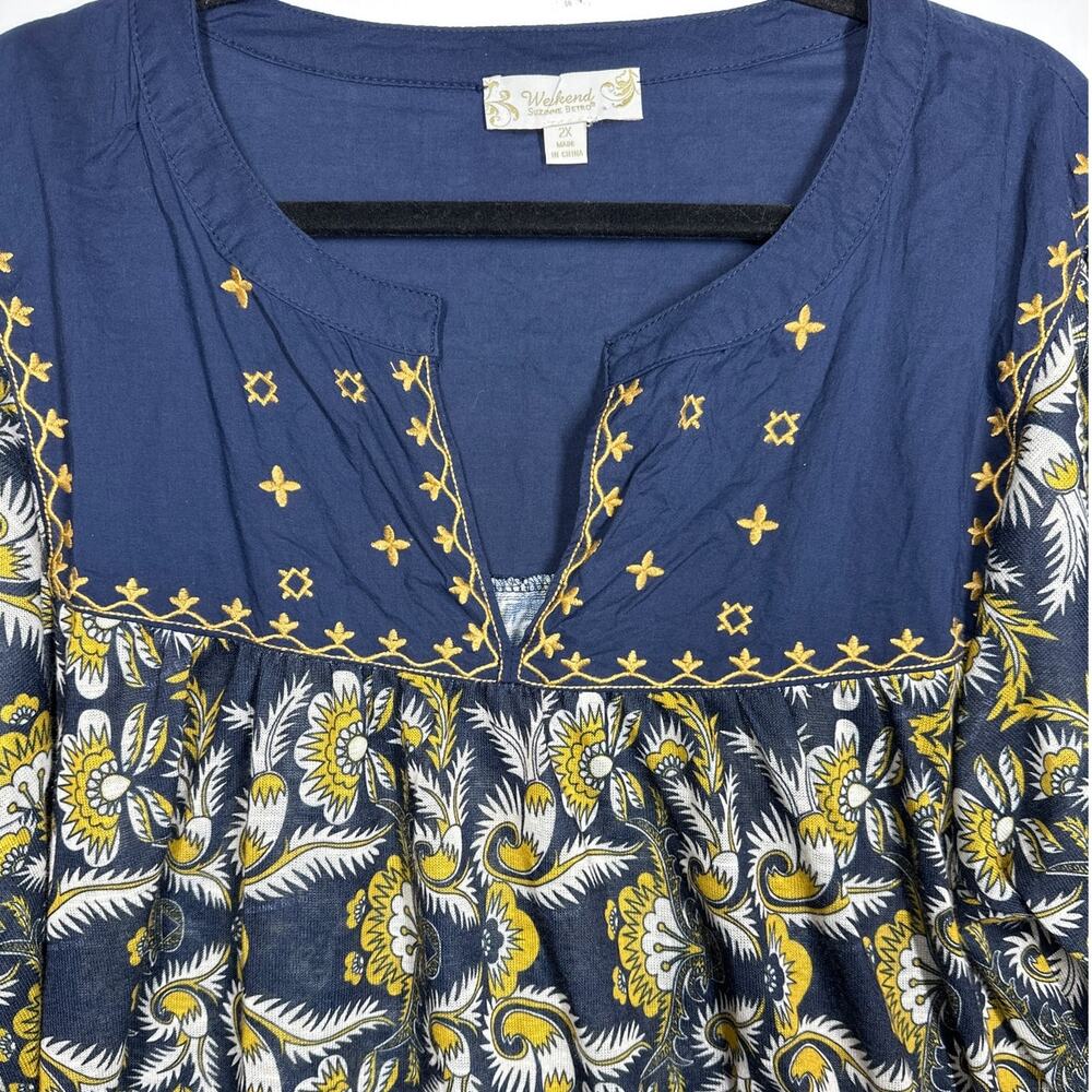 Weekend by Suzanne Betro Floral Embroidered Boho Tunic Blouse Top Blue Gold 2X - Picture 2 of 9